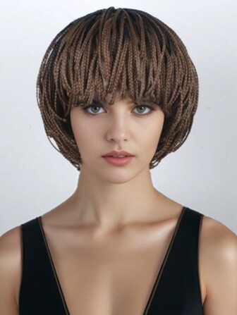 8 英寸短款黑色发根盒状辫子 BoBo 假发 合成材料 带刘海 玉米辫 编织假发 适合派对或日常使用