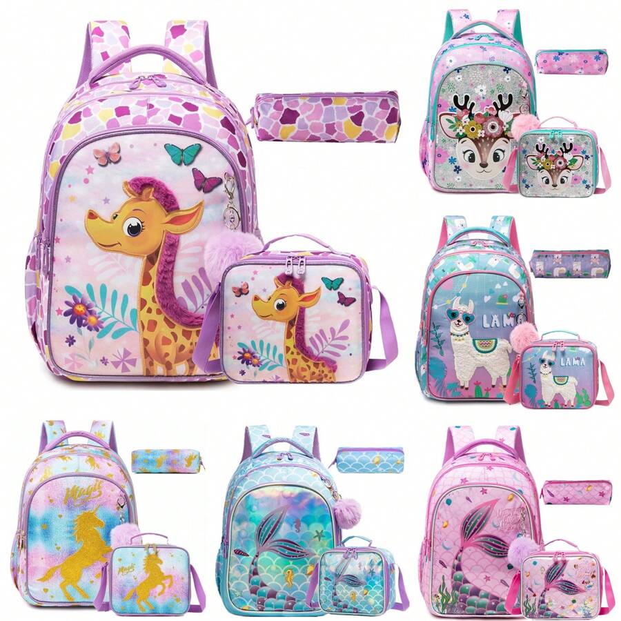 3PCS School Bags For Girls Children's Backpack For Elementary Students Kids Cute Backpack Set With Lunch Bag - Multicolor - View 1