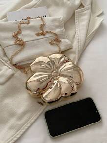 Luxury Shiny ABS Material Flower Shaped Mini Clutch Handbag Buckle Metal Bead Chain Shoulder Bag Women Party Charming Gift, Suitable For Dating, Shopping, Going Out, Commuting, Daily Matching, Fashion Niche Design, Women Bag, Valentine's Day Gift, Exquisite Floral Bag For Women - Gold - View 9