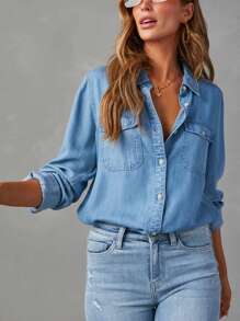 Women Button Down Denim Shirts Collared Casual Long Sleeve Blouses Tops With Pockets - 深藍色 - 查看 1