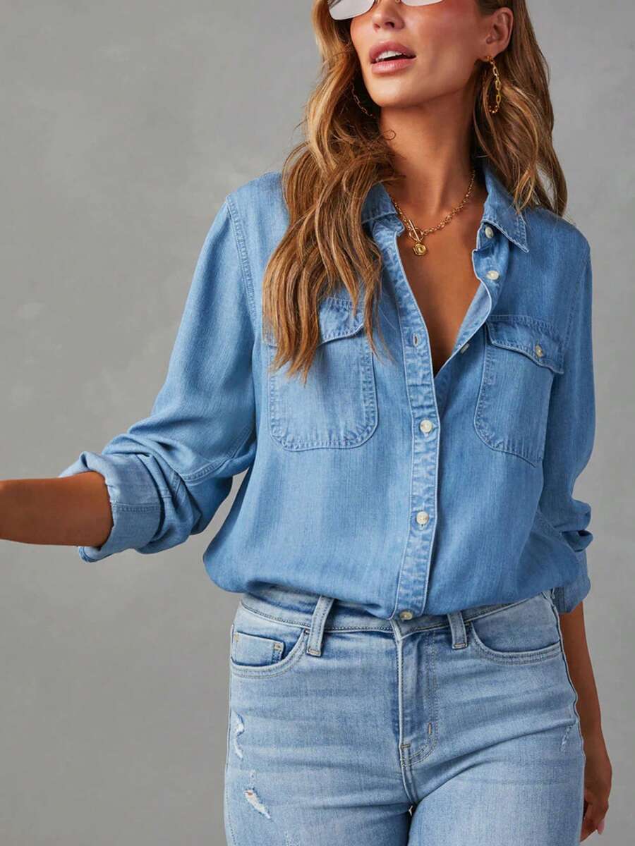 Women Button Down Denim Shirts Collared Casual Long Sleeve Blouses Tops With Pockets - 深藍色 - 查看 1