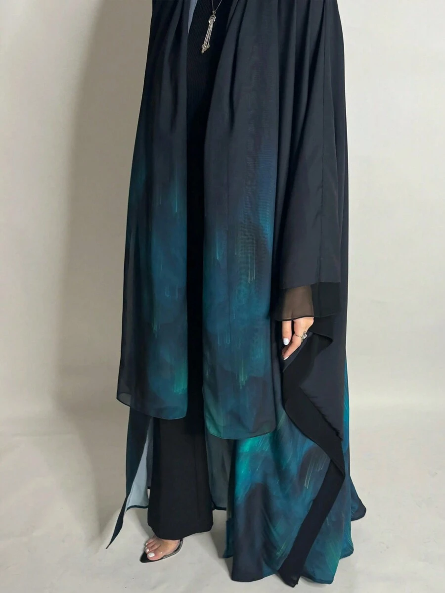 1 Chiếc Áo choàng Abaya in họa tiết hoa nhuộm loang đơn giản thời trang dành cho nữ thể hiện sự thanh lịch của Trung Đông, Áo choàng Abaya thanh lịch phù hợp với cuộc sống hàng ngày và lễ hội, Kaftan khiêm tốn - Màu xanh bạc hà - Xem 1