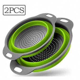 1/2pcs Collapsible Silicone Colander Set, Space-Saving Strainer With Handle, Folding Drain Basket For Fruits, Vegetables, Pasta – Green Kitchen Tool For Easy Storage