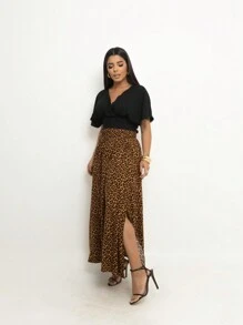 Steve Store Women's Fashion Viscose Fabric Skirt With Lining, Has Pocket And Slit On The Sides - estampa leopardo - 查看 1