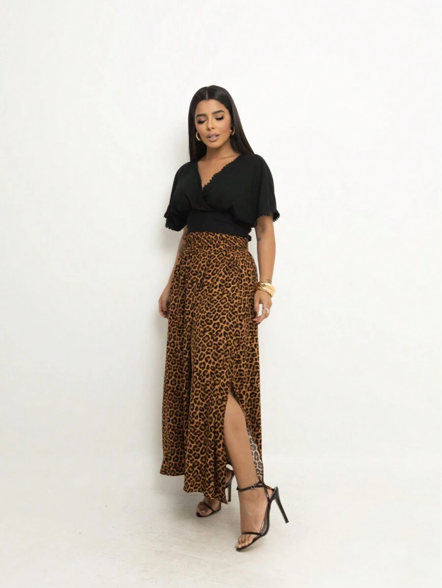 Steve Store Women's Fashion Viscose Fabric Skirt With Lining, Has Pocket And Slit On The Sides - estampa leopardo - 查看 1