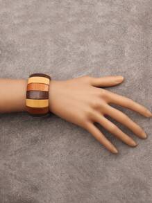 1pc Bohemia Style Literary Retro Elastic Wood Beaded Bracelet For Women, Gradient Brown, Random Color