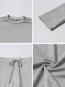 2pcs/Set Women's Slim Fit Solid Color Long Sleeve T-Shirt And Pants Set - Xám - Xem 10