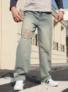 Jeans droits de printemps déchirés pour adolescents garçons, nouveaux pantalons longs décontractés délavés avec effet usé pour enfants