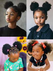 Kid's 2pcs Kid Ponytail Double Afro Puffs Kinky Curly Hair Bun For Kid's Age 0-5 Natural Black Synthetic Wigs Suitable For Daily Wear And Birthday Parties