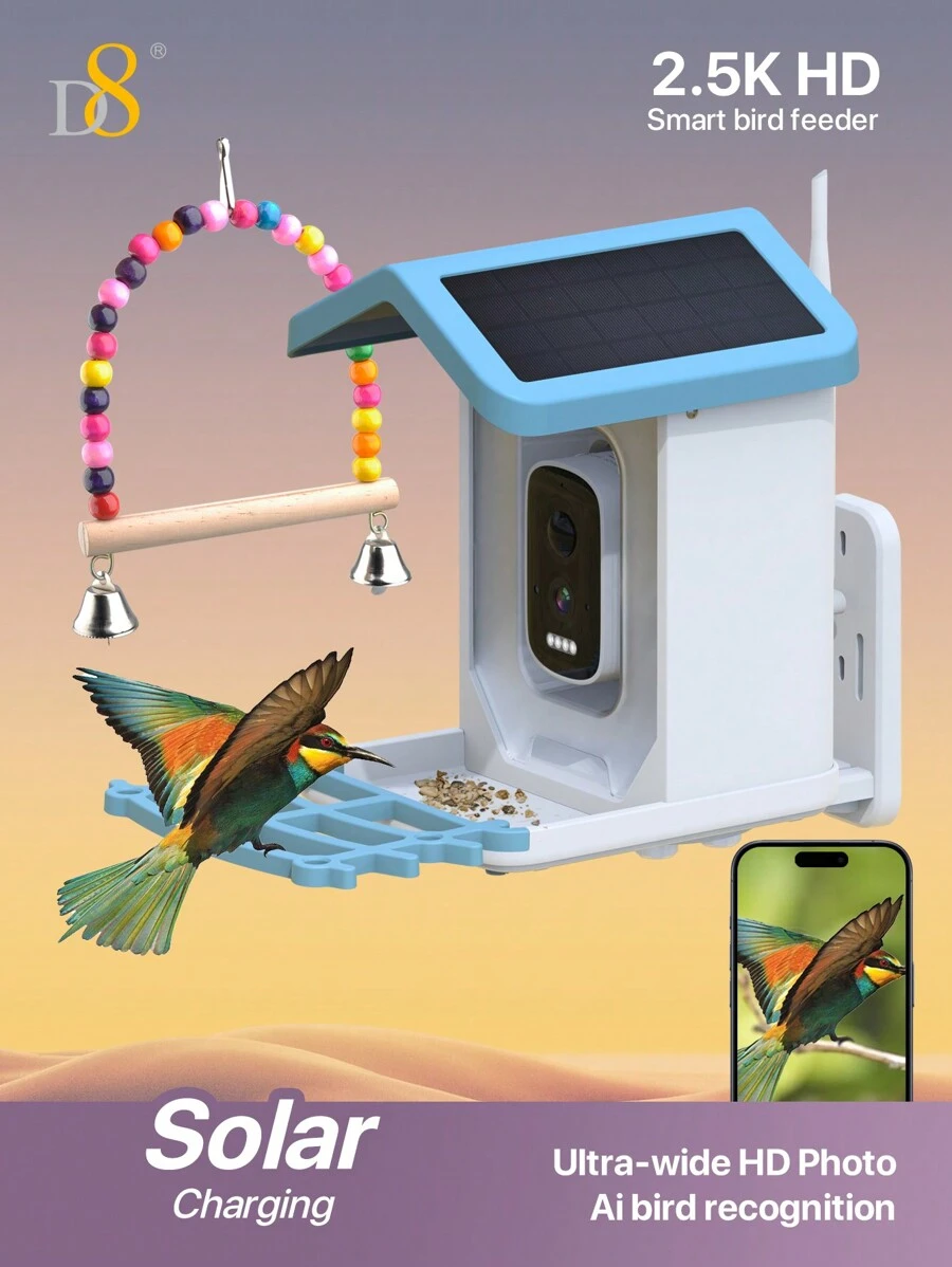 D8 智能喂鸟器，带摄像头喂鸟器，AI 识别鸟类种类，带摄像头的智能喂鸟器，观鸟摄像头 - 藍白色 - 查看 1