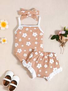 BrownBark 女婴两件套，花卉印花无袖连身衣 + 短裤，适合户外活动的休闲日常装，春夏 - 杏色 - 查看 6