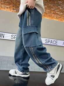 Jeans en denim pour adolescent, printemps et automne, nouveau design, pantalon cargo multi-poches pour enfants et adolescents, pantalon droit ample avec imprimé pour garçons