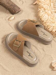 1 Pair Kids' Thick Sole Casual Slip-On Sandals, Versatile Summer 2026 New Arrival Girls' Metal Buckle Slides, Boys' Strap Flip Flops - Brown - View 5