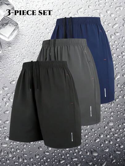 3 件装男士运动短裤，夏季休闲速干抽绳腰短裤，带拉链口袋，适合健身、户外活动、海滩和冲浪