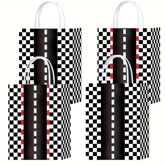 Juego de 12/24 bolsas de papel con asa con tema de autos de carreras a cuadros, blanco y negro, bolsas de dulces, bolsas de compras para eventos de carreras, regalos, cumpleaños, pequeños negocios, suministros para fiestas, almacenamiento para el hogar y la cocina, decoraciones navideñas, envoltorios de regalo