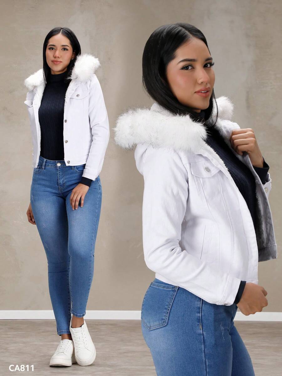 White Denim Jacket With Detachable Fleece Lining, Plush Lining, Ideal For Cold Weather
