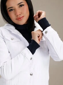 White Denim Jacket With Detachable Fleece Lining, Plush Lining, Ideal For Cold Weather