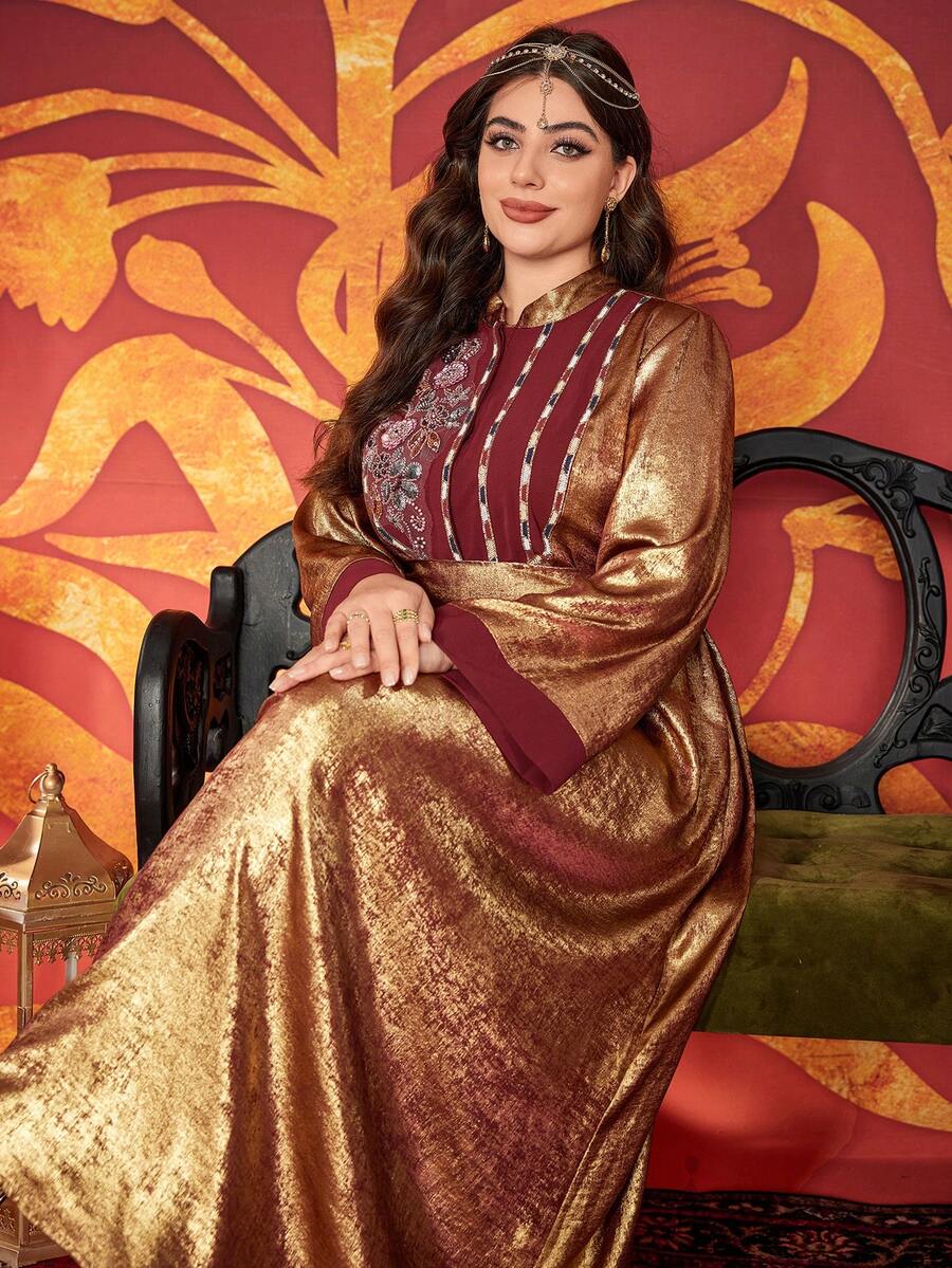 Plus Size Stand Collar Color Block Floral Embroidery Elegant Long Sleeve Arabian Dress
