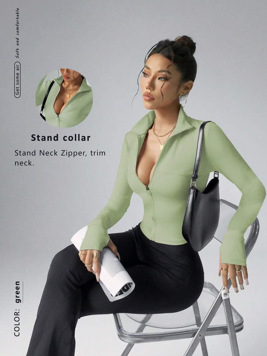 FWH Women's Fashion Yoga Outdoor Running Commuting Date Sunscreen Essential Elastic Comfortable Shaping Back Abdomen Slimming Fitness Retro High-End Street Elegant Sportswear Running Fitness Jacket Zipper Elastic Simple Fashionable Sexy Slim Fit Long Sleeve Yoga Jacket - Green - View 1