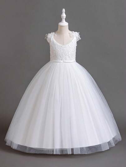 1pc Tween Girl White Casual Solid High-End Elegant Comfortable Sweet Cute Lace Net Mesh Flower Puff A-Line Princess Dress, Suitable For School Events, Performances, Spring/Summer/Autumn