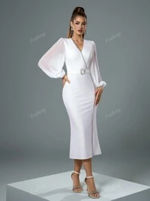 Fuaheng V-hals lantaarnmouw strass decor taille versmallende witte nauwsluitende jurk, feestjurk, bruiloftsgastjurk, formele jurk, avondjurk