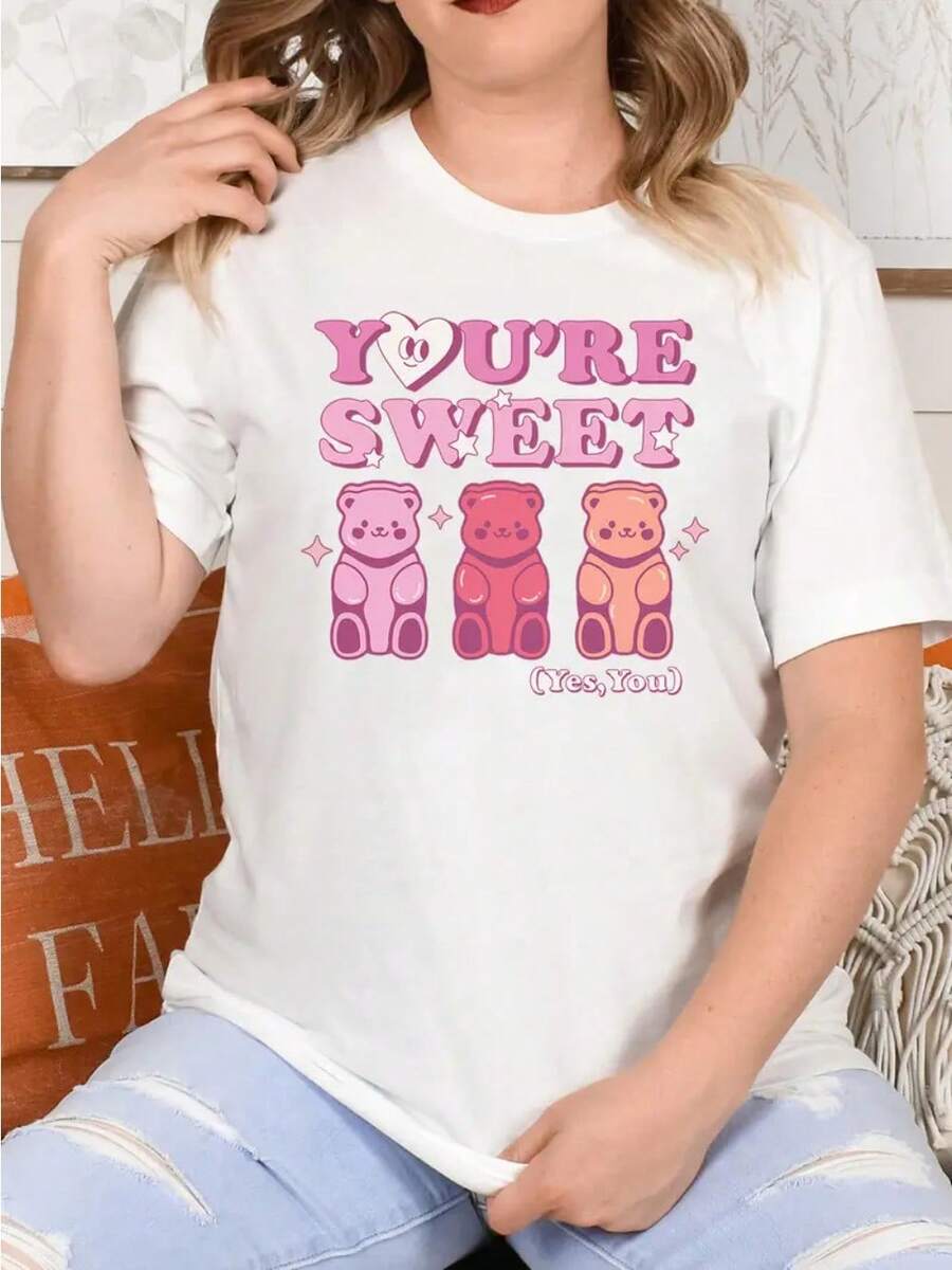 "You're Sweet" Gummy Bear Graphic T-Shirt - Whimsical Typography T-Shirt, Comfort Fit Short Sleeve Classic Heavy Cotton T Shirt Printed Graphic Tee Women's Casual Short-Sleeved Top - White - View 1