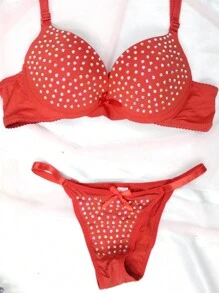 Coordinado de brasier y bikini, copa B, con un lindo diseño de pedrería, con un moño en el centro, alta comodidad - Naranja - Ver 4