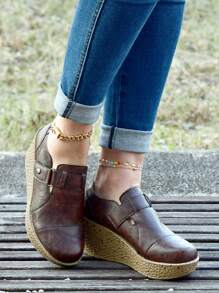 咖啡色四季可穿乐福鞋女厚底防水台一脚蹬女鞋复古简约坡跟乐福鞋时尚朋克舒适软底浅口鞋 - 咖啡色 - 查看 3