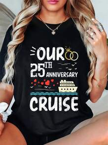 Our 25th Anniversary Cruise Trip Wedding Husband Wife Couple T-Shirt Short Sleeve T-Shirt Women's Men's Graphic Tee Causal Tops