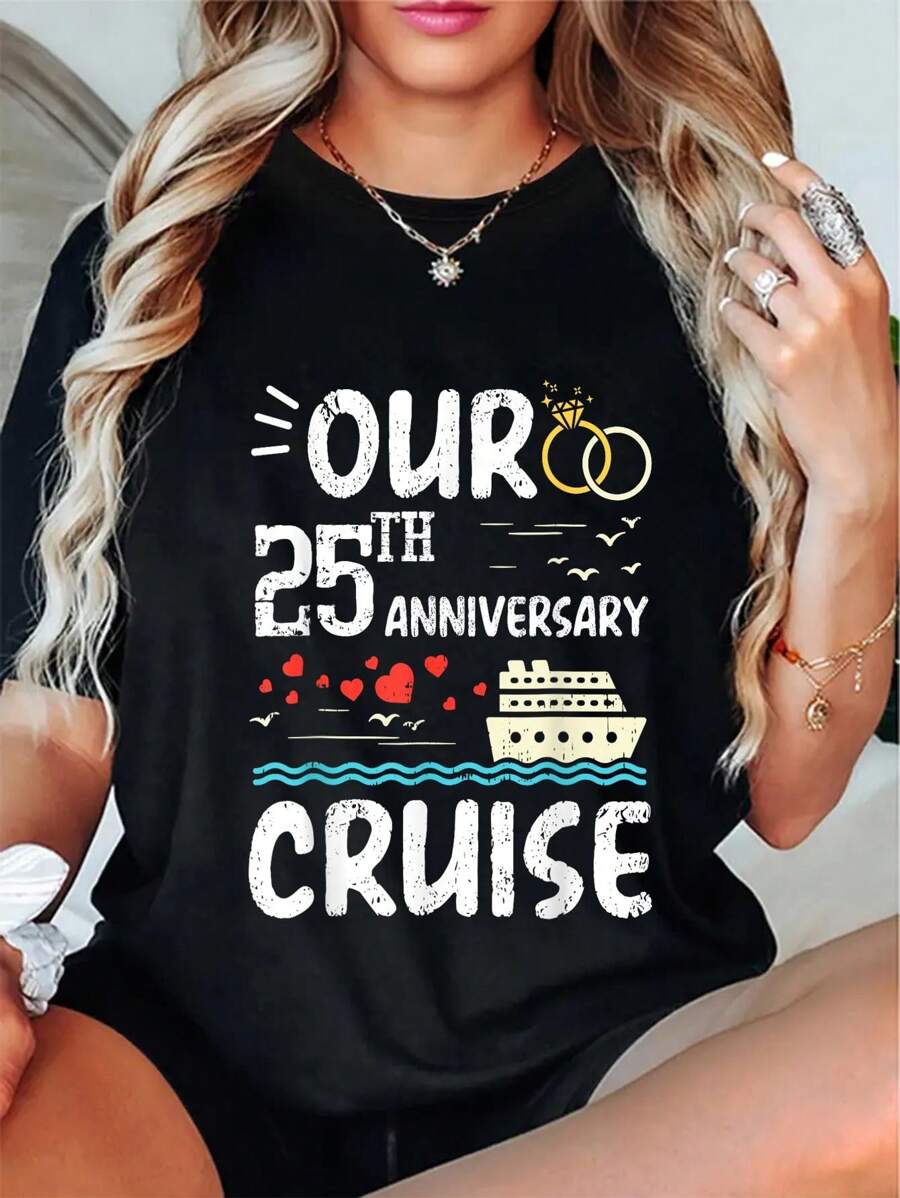 Our 25th Anniversary Cruise Trip Wedding Husband Wife Couple T-Shirt Short Sleeve T-Shirt Women's Men's Graphic Tee Causal Tops