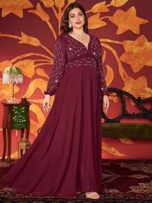 Plus Size V-Neck Solid Color Heavily Embellished With Rhinestones Elegant High Waisted Long Sleeve Dress - Burgundy - View 6