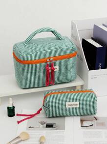 1Pc/Set Plaid Design Green Color Contrast With String Multi-Functional Cosmetic Organizer Handbag Bath Shower Wallet Pouch Portable Cosmetics Brush Storage Clutch With Zipper Closure For Lipstick, Brush, Skincare, Mobile Phone, Coin, Small Items Summer Travel, Vacation Home Bathroom Decor Holiday Bathroom Accessories Back To School