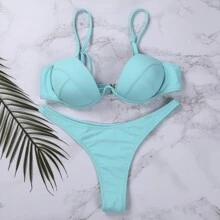Hot 2022 New Set Of Women Bikini Push-Up Bra Swimsuit Solid Color Adjustable Thin Shoulder Strap Underwire Bra + Thong Beachwear - 藍色 - 查看 3