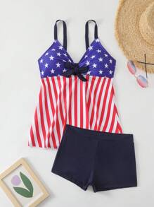 2pcs/Set Fashionable American USA Flag Printed Swimwear Vacation & Summer Beach Wear Takini Set For Women, 4th Of July