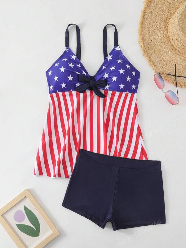 Set de 2 costume de baie la modă cu steagul american și SUA, Takini, pentru femei, pentru vacanță și vară, 4 iulie