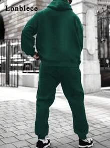 Lonblece 2pcs Men Knit Hoodie Sweatshirt And Knit Sweatpants Set, Casual Daily Sports Wear, Fall Clothes