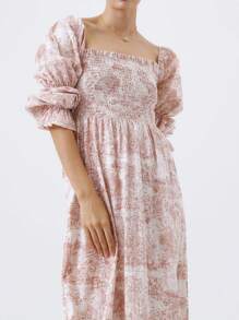 Women's Autumn Long Beach Dress Long Sleeve Off Shoulder Solid Color/Floral Dress - Pink - View 4