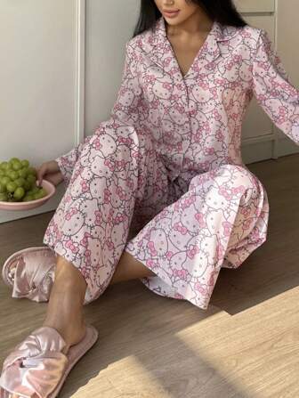 Sanrio 2pcs Hello Kitty Women's Collared Print Button-Front Long Sleeve Pajama Top And Elastic Waist Long Pants Cute Sleepwear Lounge Set, Cozy Outfit, Fall Winter Clothes