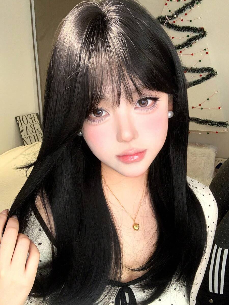 alicegarden 1 Synthetic Heat-Resistant ,Long Straight Black-Brown Wig , With Bangs ,24 Inches Long, Made Of Fiber, Suitable For Daily Use, Natural And Realistic Fake Hair(Excluding Accessories) - Black-brown - View 1