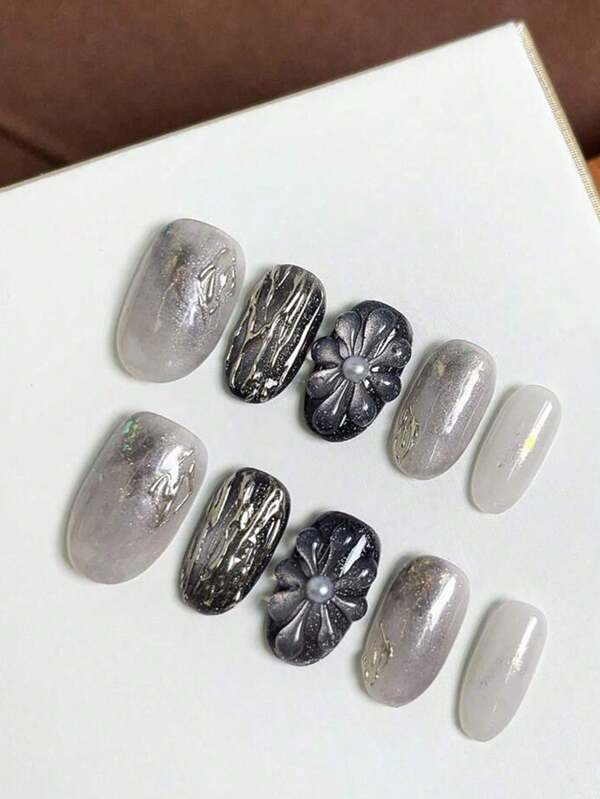 10 pièces Faux ongles stiletto d'amande longs, design simple en fleur 3D œil de chat noir. Ensemble de décorations d'art pour ongles amovibles et brillantes. Allonge les doigts, ongles de ballet pour les fêtes, les mariages et l'usage quotidien. Comprend 1 pièce bloc de gel à décapage