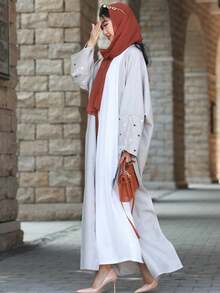 1pc Modest Women Abaya With Heart Embroidery, Solid Gray, Suitable For Spring & Autumn Daily Wear - Grey - View 4
