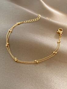 1pc Fashionable Beaded Bracelet For Women, Minimalist Metal Bangle, And Unique Design (Random Bead Quantity) - Gold - View 1