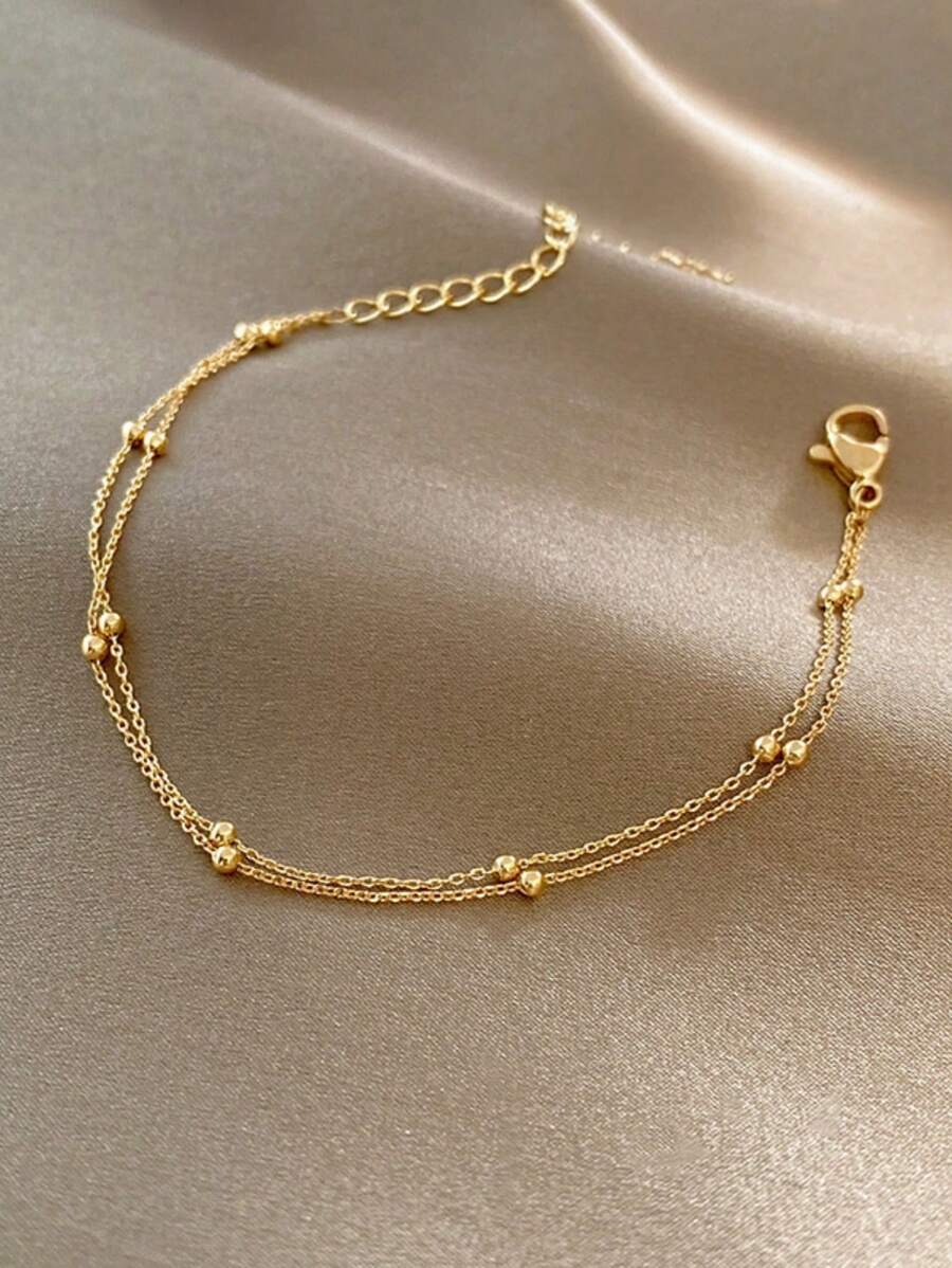 1pc Fashionable Beaded Bracelet For Women, Minimalist Metal Bangle, And Unique Design (Random Bead Quantity) - Gold - View 1