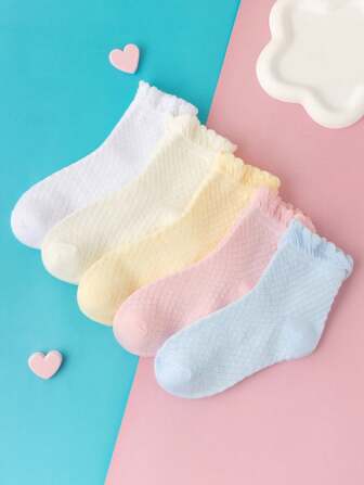 5 双儿童袜子，纯色菱形格纹女童四季简约风格袜子。