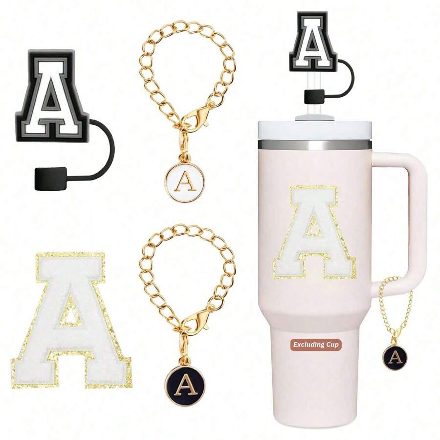 4pcs Cup Accessories Set, Suitable For 30oz And 40oz Cups, Includes Silicone Straw Cover, 2 Initial Letter ID Handle Charms And Self-Adhesive Chenille Letters (White). - Style 4 - View 1