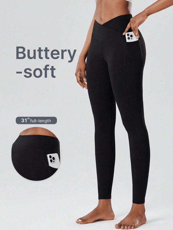 Zwarte fietsyogabroek voor dames, sportlegging met zakken, zachte en rekbare nylonstof, snel drogend, kruistailleontwerp, slanke pasvorm, geschikt voor binnen- en buitenfietsen, hardlopen, oefeningen