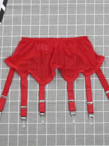 Women High Waist Garter Belt, Sexy Lingerie Suspender Elastic Belt Lace Mesh Suspender Belt With Metal Clip For Stockings - 紅色 - 查看 4