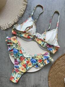 Newest Floral Print Fringe Bikini Set, High Waist With Tie, European American Style Bikini Set, For Summer Beach Vacation - Olive Green - View 4