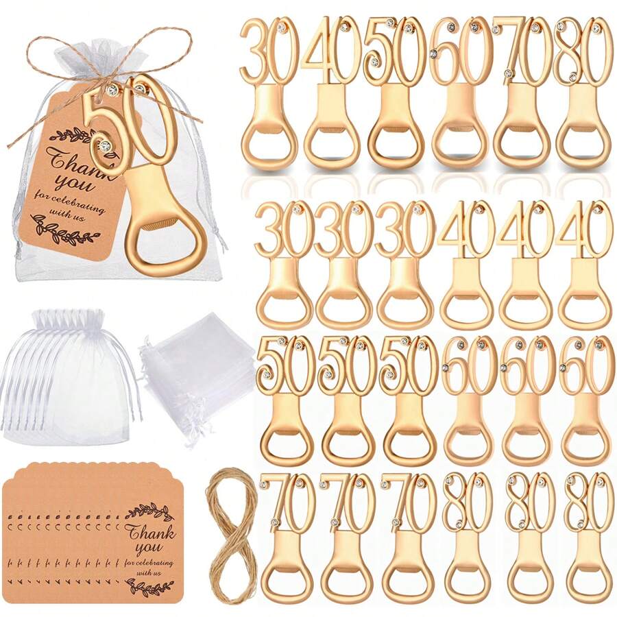 Zestaw 10 złotych otwieraczy do butelek 30, 40, 50, 60, 70, 80 na prezenty urodzinowe 30, 40, 50, 60, 70, 80, przyjęcia urodzinowe, prezenty rocznicowe, pamiątki ślubne i prezenty dla gości, prezenty walentynkowe, artykuły kuchenne i barowe, upominki na przyjęcia