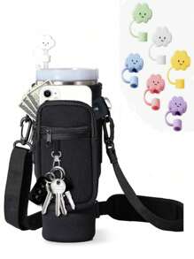 1 pieza de bolsa portadora de botella de agua con bolsillo para teléfono + 1 pieza de funda de pajita de color aleatorio para vaso aislado de 40/30 Oz, funda de botella de agua de neopreno con correa ajustable, gancho para llaves, adecuado como regalo de Navidad, regalo de Año Nuevo